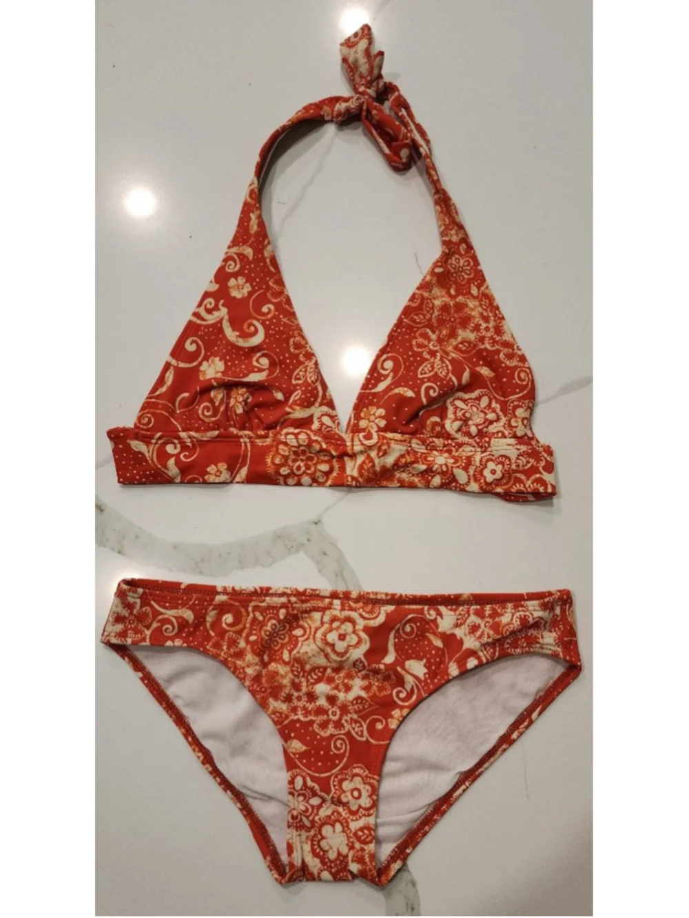 Pool Party Orange Floral Halter Bikini Set Womens XS Triangle Top Cheeky Bottoms - Picture 8 of 12